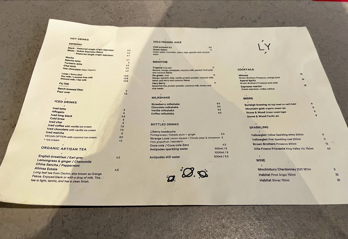 Menu, Light Years Cafe