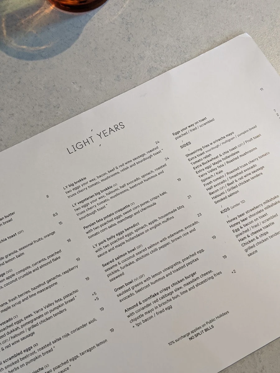 Menu, Light Years Cafe