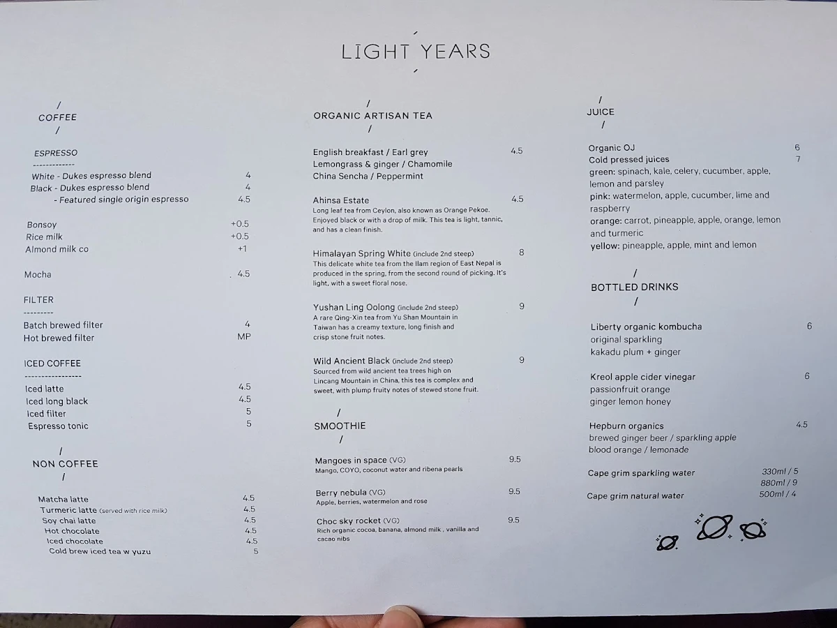 Menu, Light Years Cafe