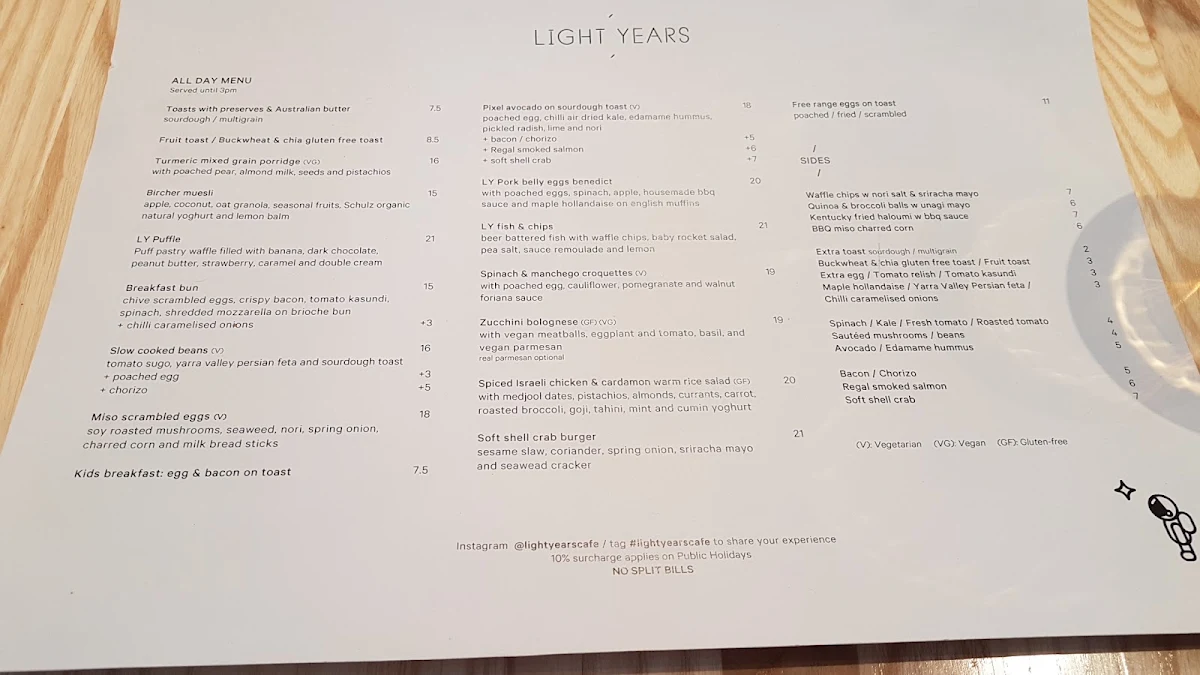 Menu, Light Years Cafe