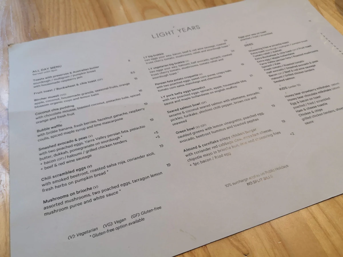 Menu, Light Years Cafe