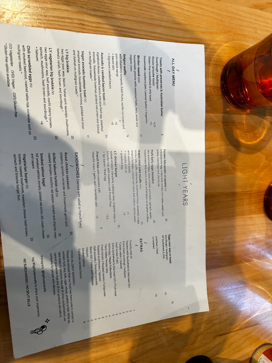 Menu, Light Years Cafe