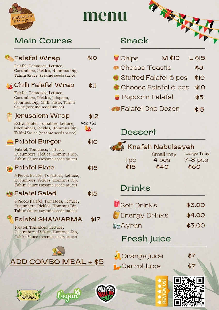 Menu, Jerusalem Falafel
