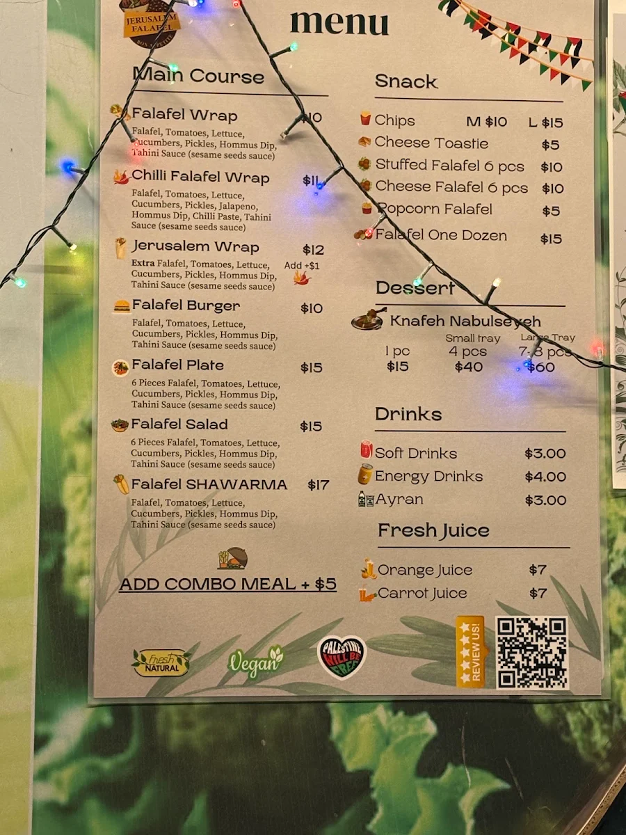 Menu, Jerusalem Falafel
