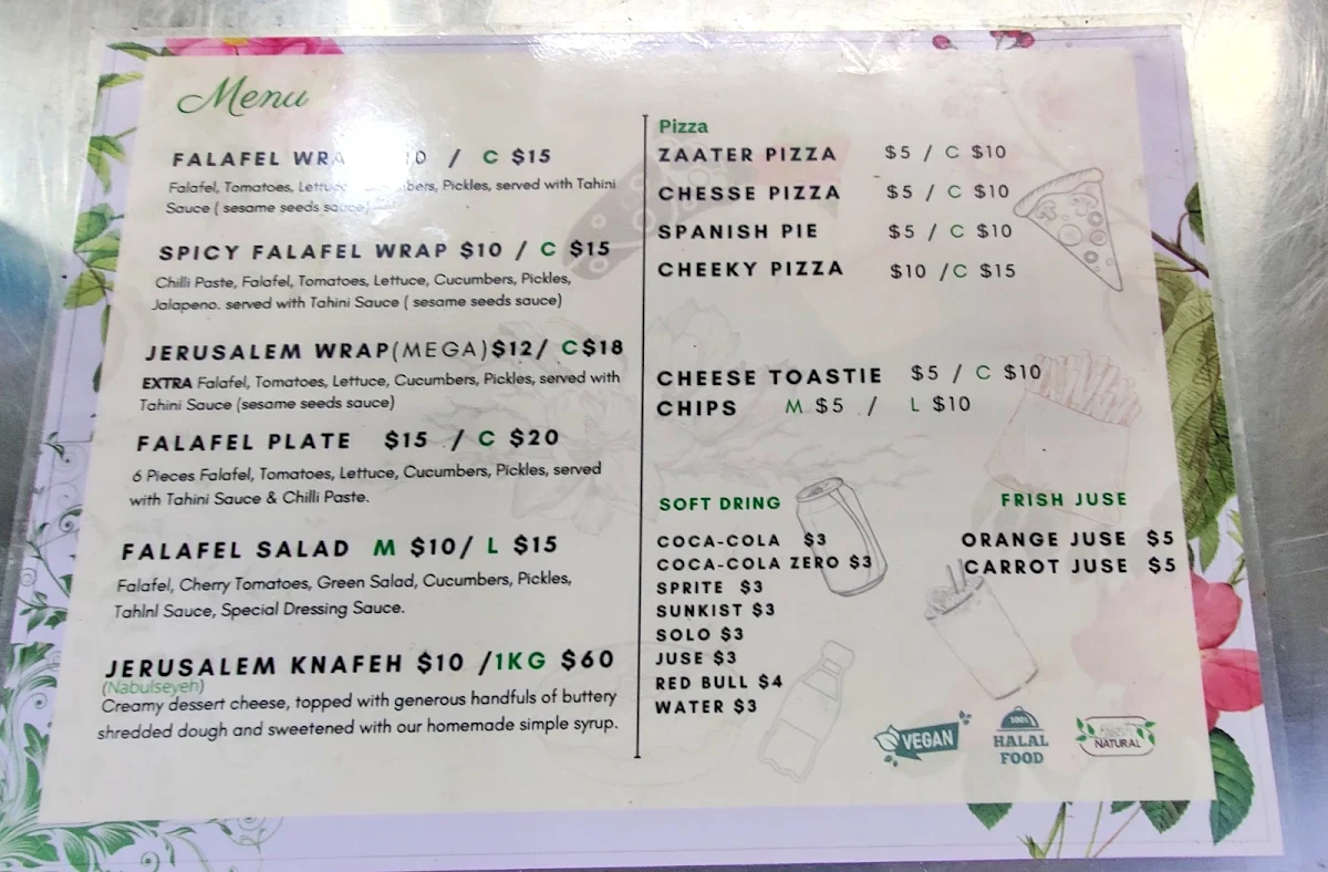 Menu, Jerusalem Falafel