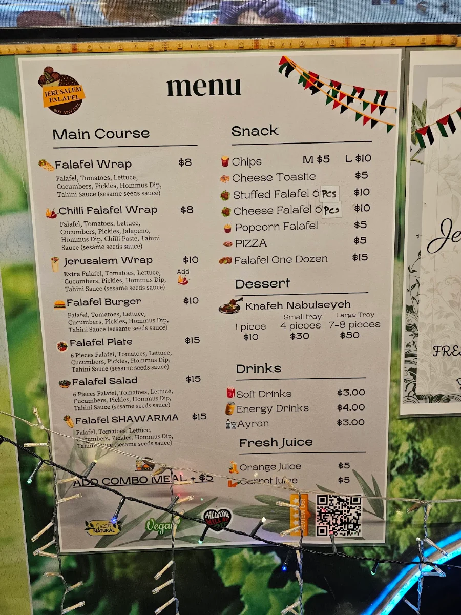 Menu, Jerusalem Falafel