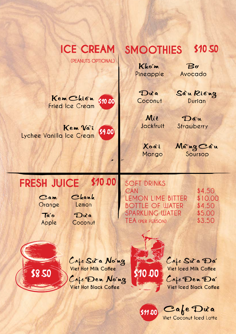 Menu, Chopsticks Viet Whitford