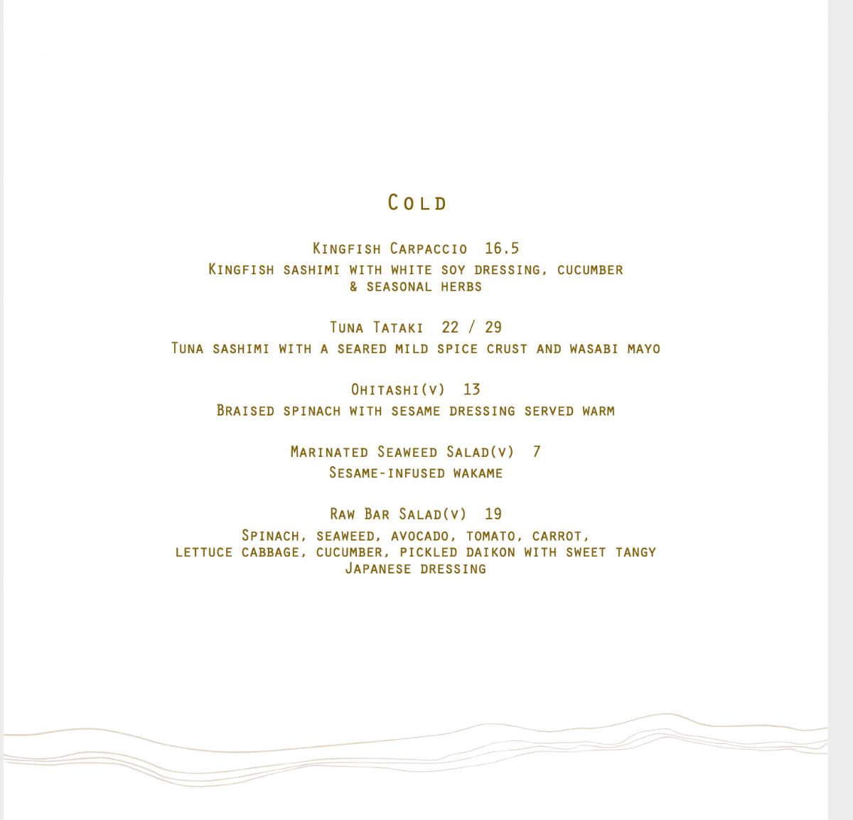 Menu, Raw Bar
