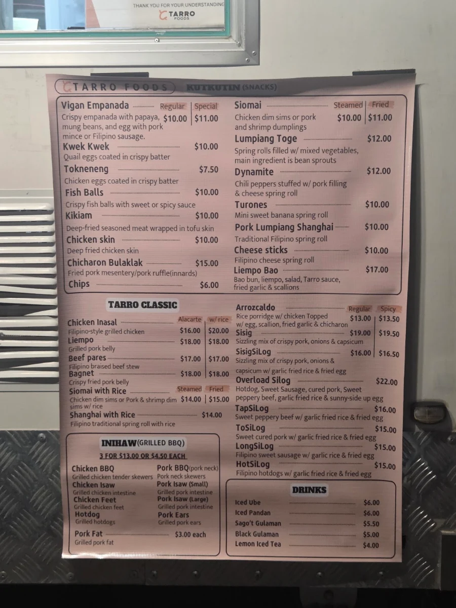 Menu, Tarro Foods