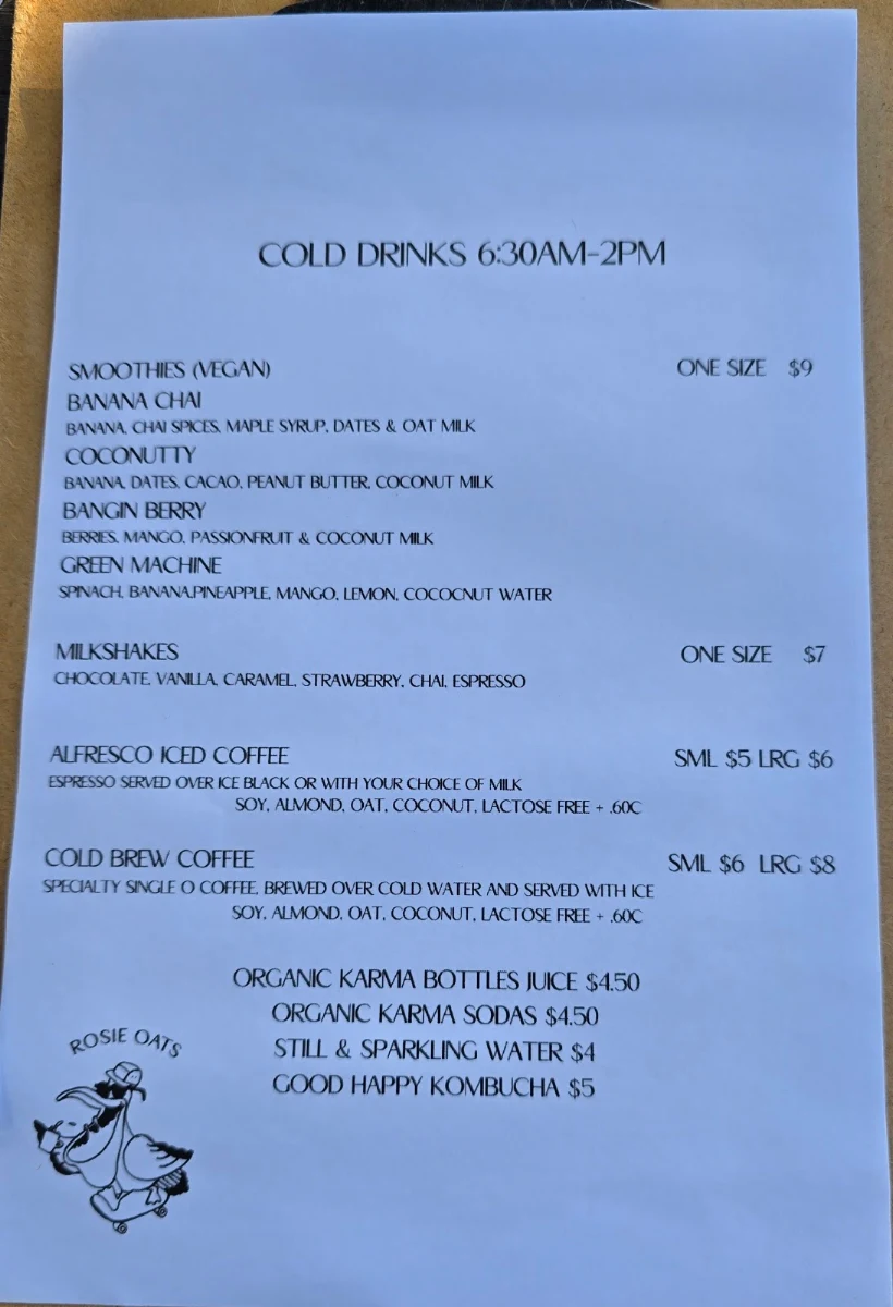 Menu, Rosie Oats