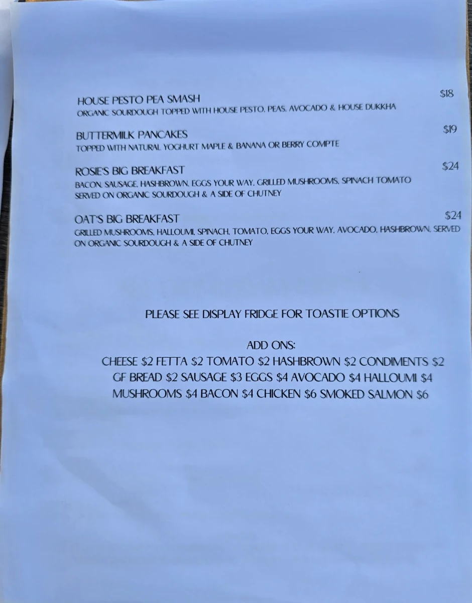 Menu, Rosie Oats