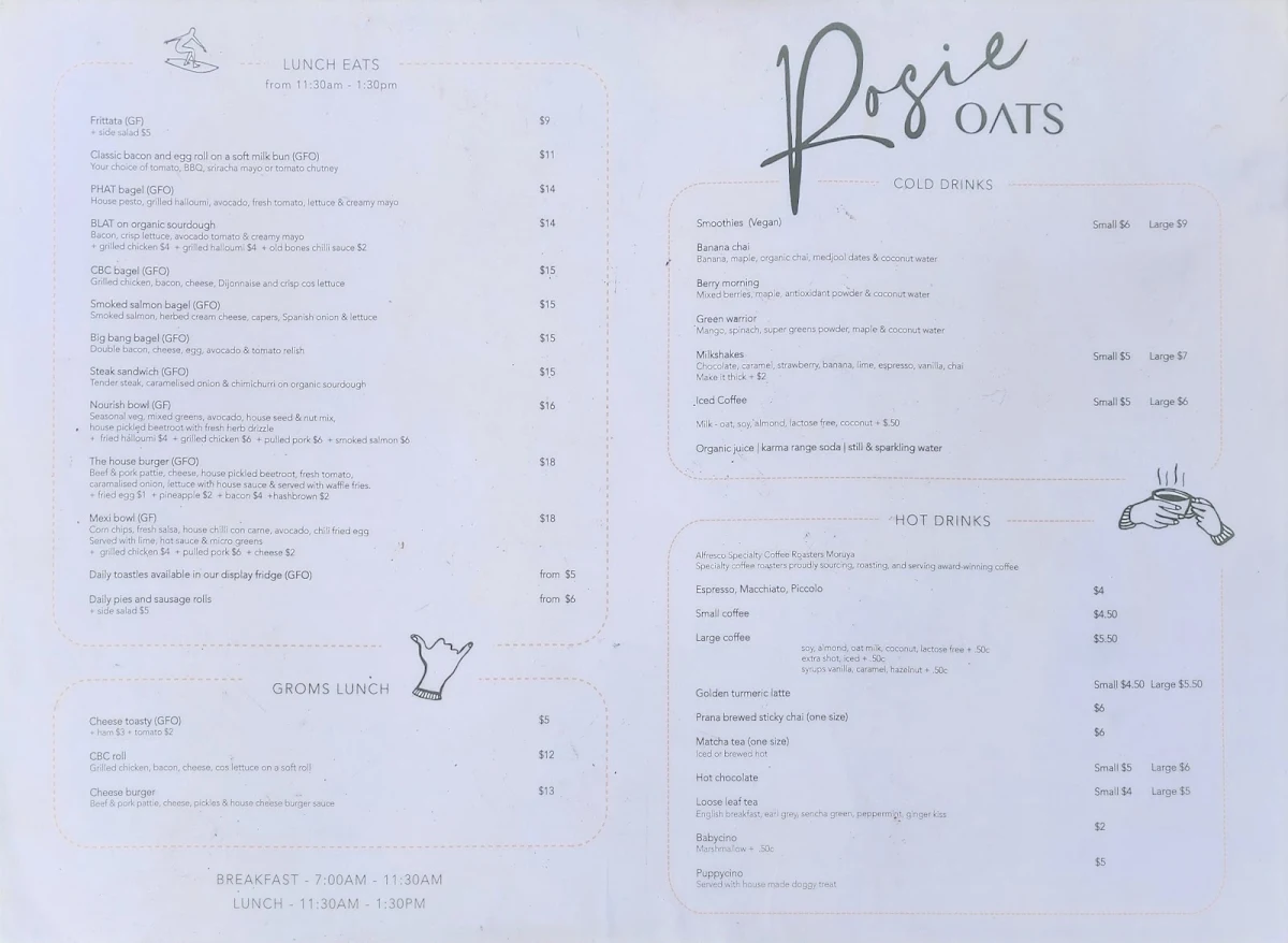 Menu, Rosie Oats