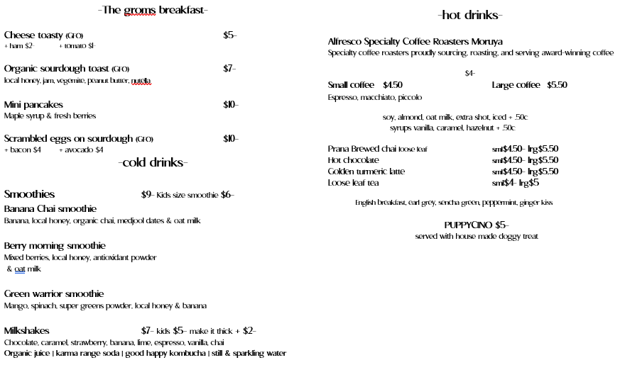Menu, Rosie Oats