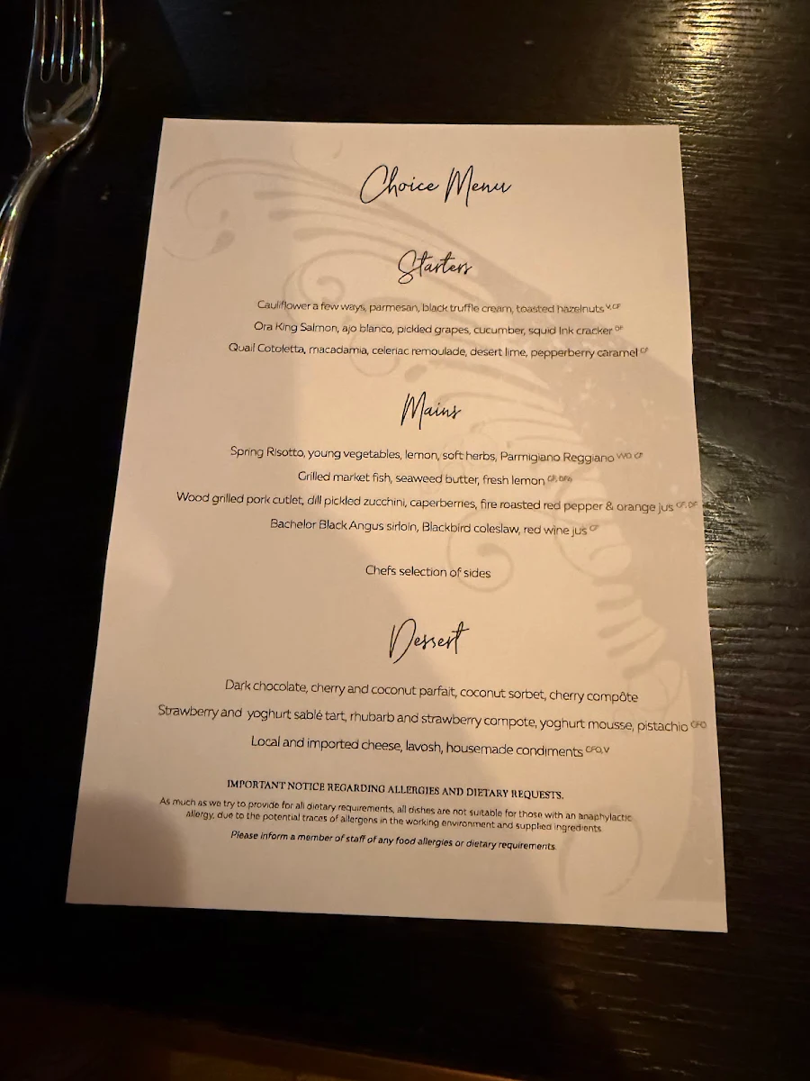 Menu, Blackbird Bar, Dining & Events