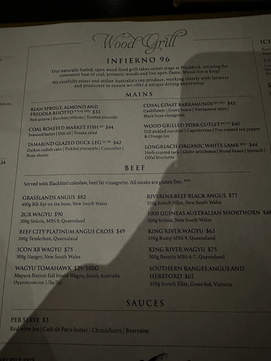 Menu, Blackbird Bar, Dining & Events