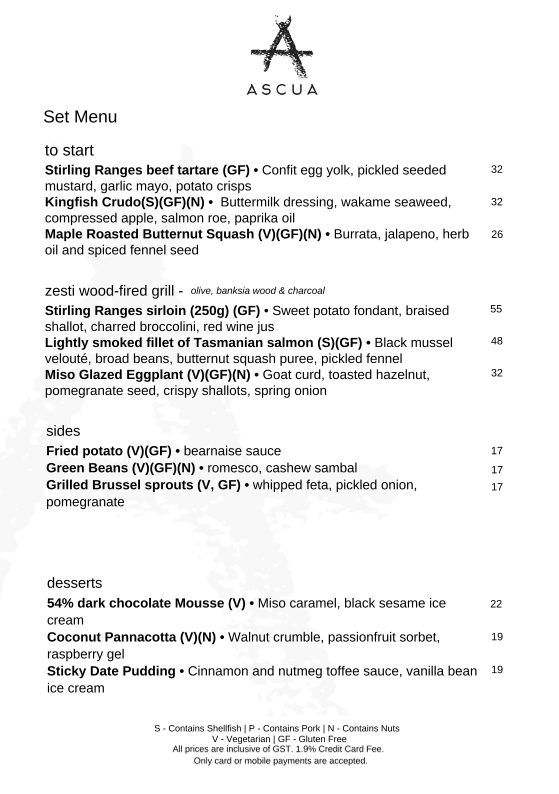 Menu, Ascua