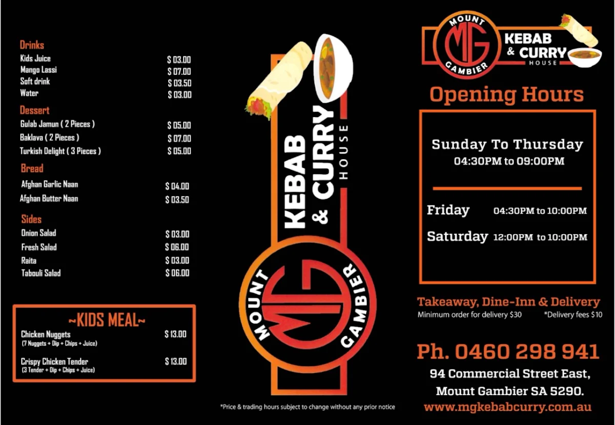 Menu, Mount Gambier Kebab & Curry House