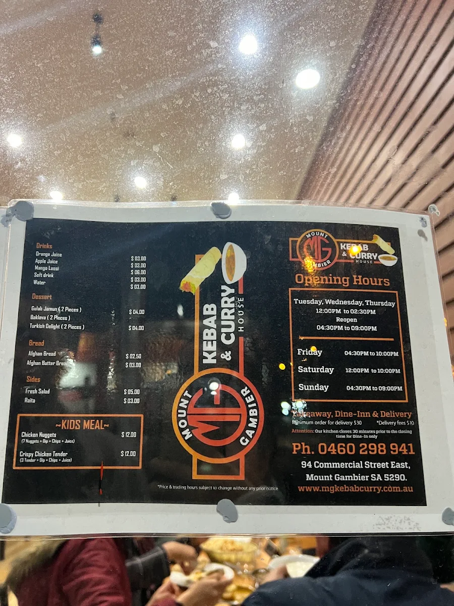 Menu, Mount Gambier Kebab & Curry House