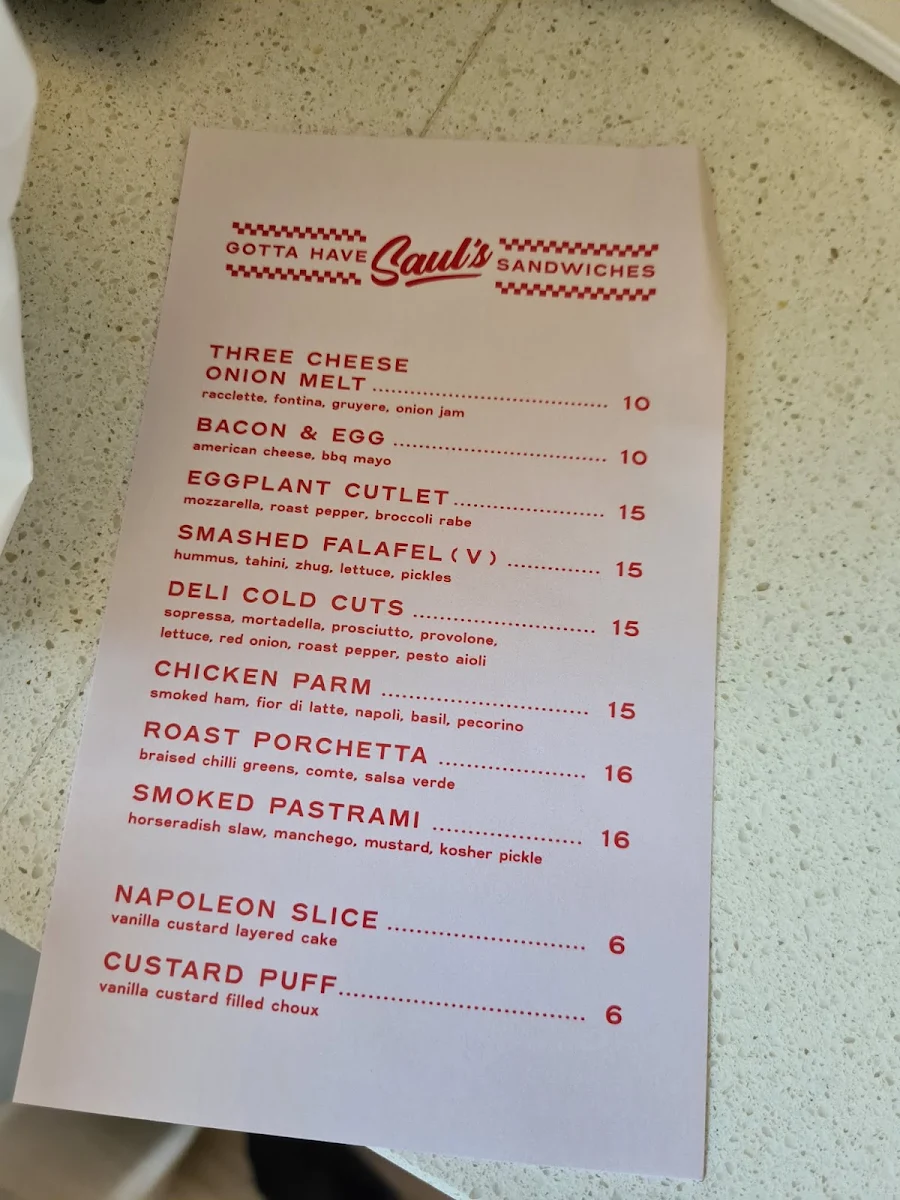 Menu, Saul’s Sandwiches
