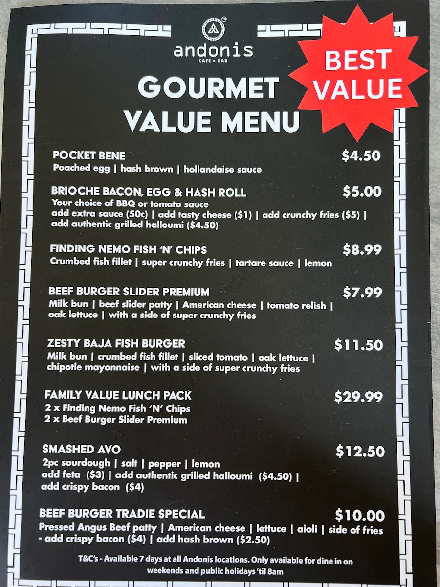 Menu, Andonis Cafe & Bar, Upper Mount Gravatt
