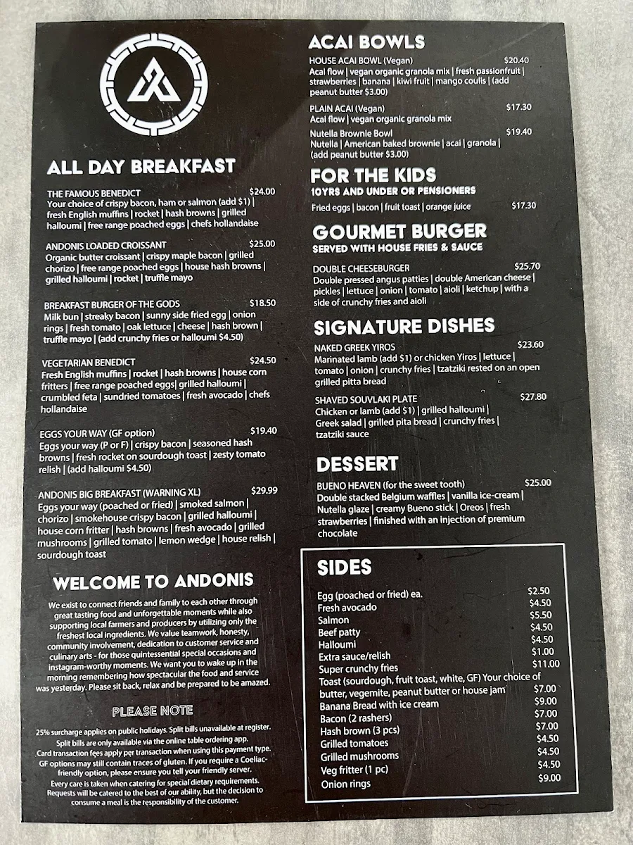 Menu, Andonis Cafe & Bar, Upper Mount Gravatt