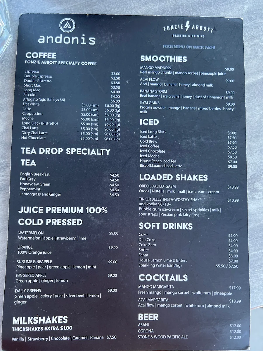 Menu, Andonis Cafe & Bar, Upper Mount Gravatt