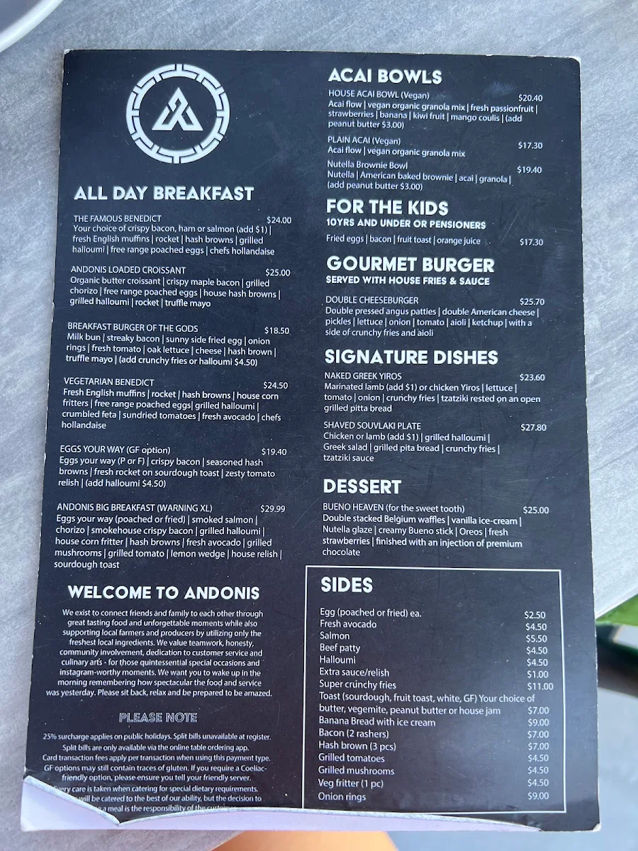 Menu, Andonis Cafe & Bar, Upper Mount Gravatt