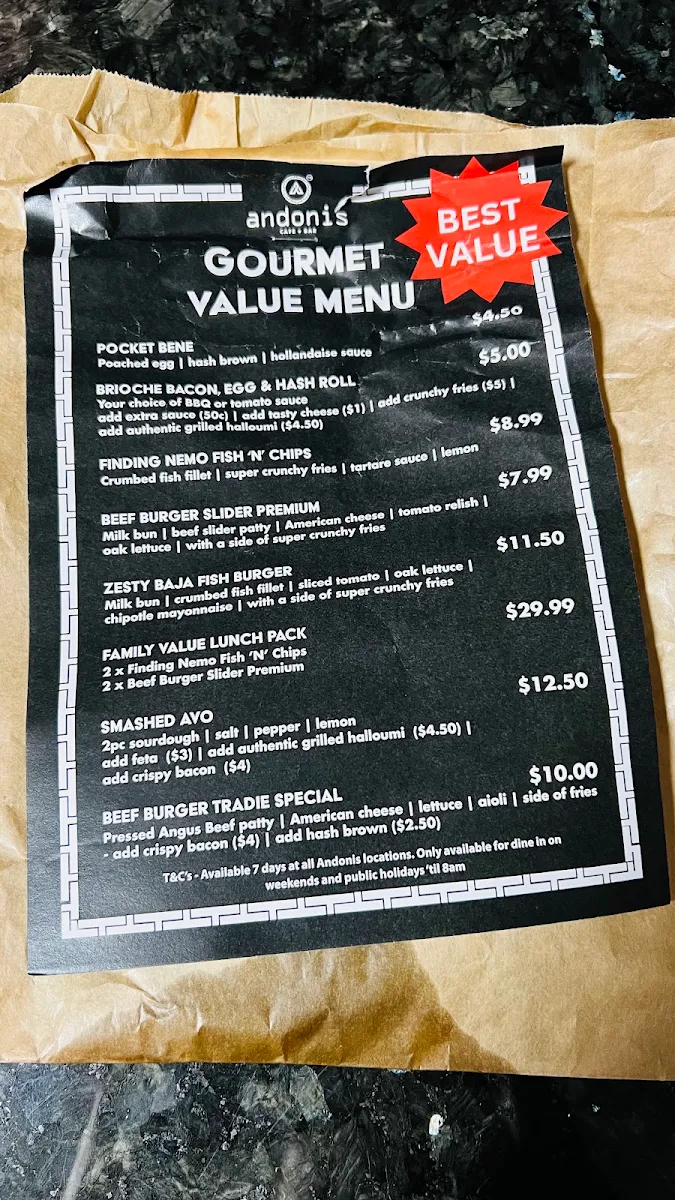 Menu, Andonis Cafe & Bar, Upper Mount Gravatt