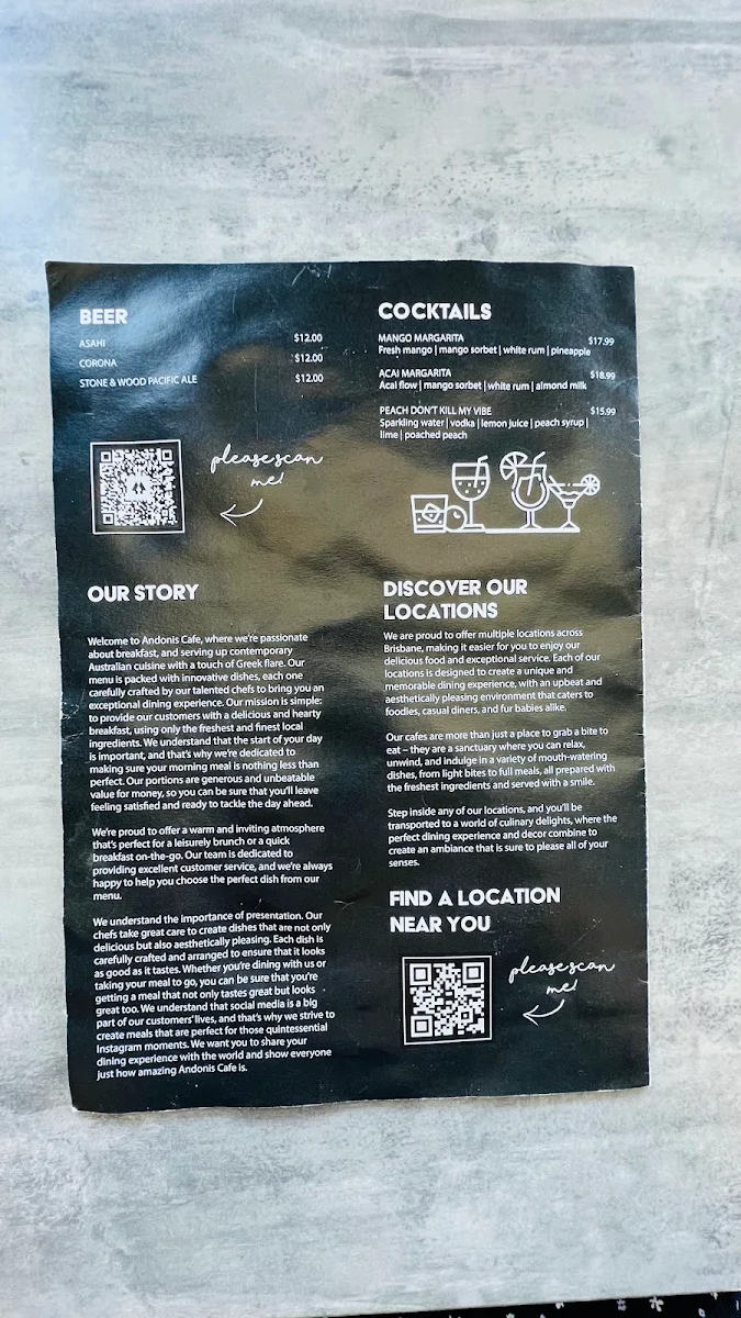 Menu, Andonis Cafe & Bar, Upper Mount Gravatt