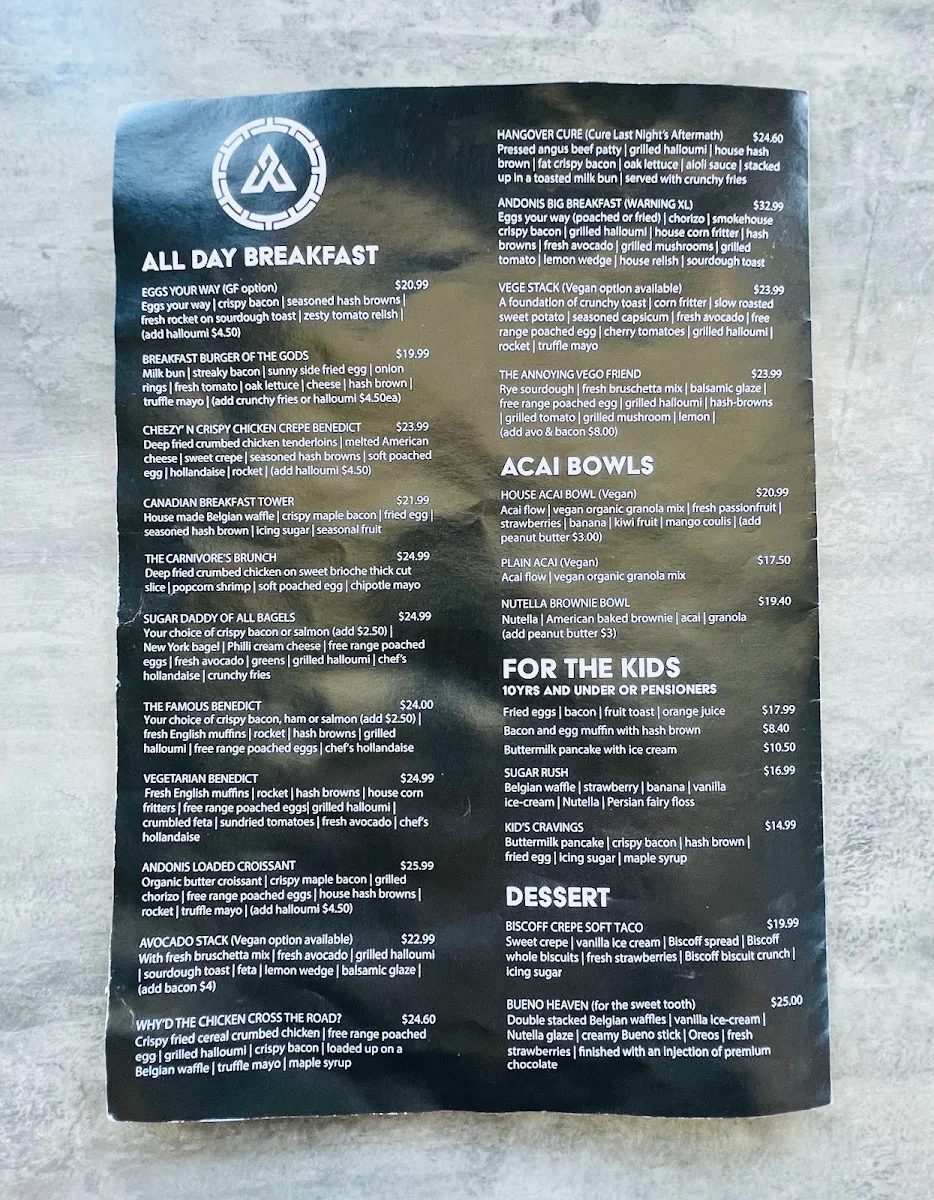 Menu, Andonis Cafe & Bar, Upper Mount Gravatt