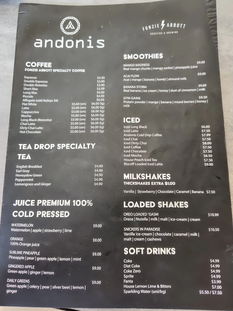 Menu, Andonis Cafe & Bar, Upper Mount Gravatt