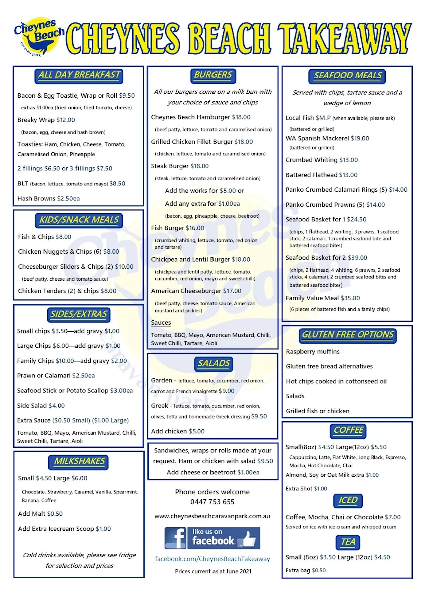 Menu, Cheynes Beach Takeaway