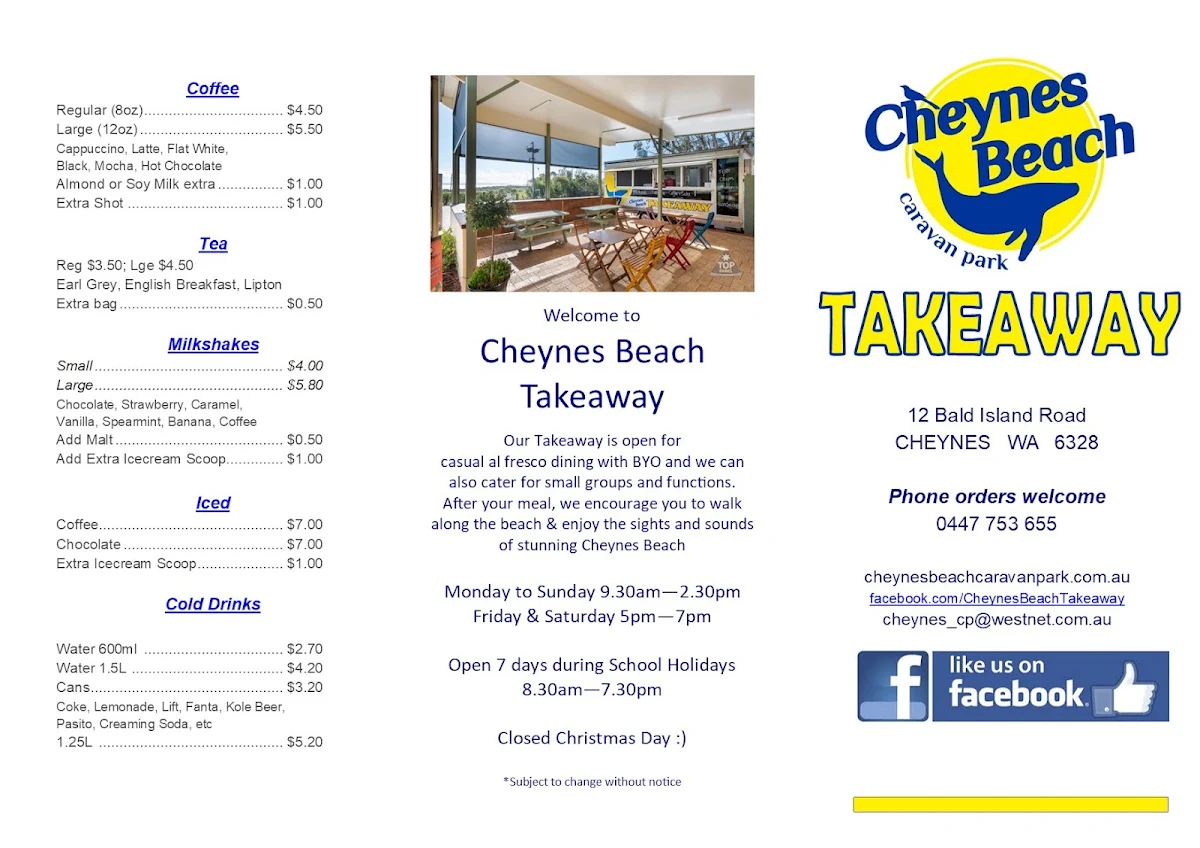Menu, Cheynes Beach Takeaway