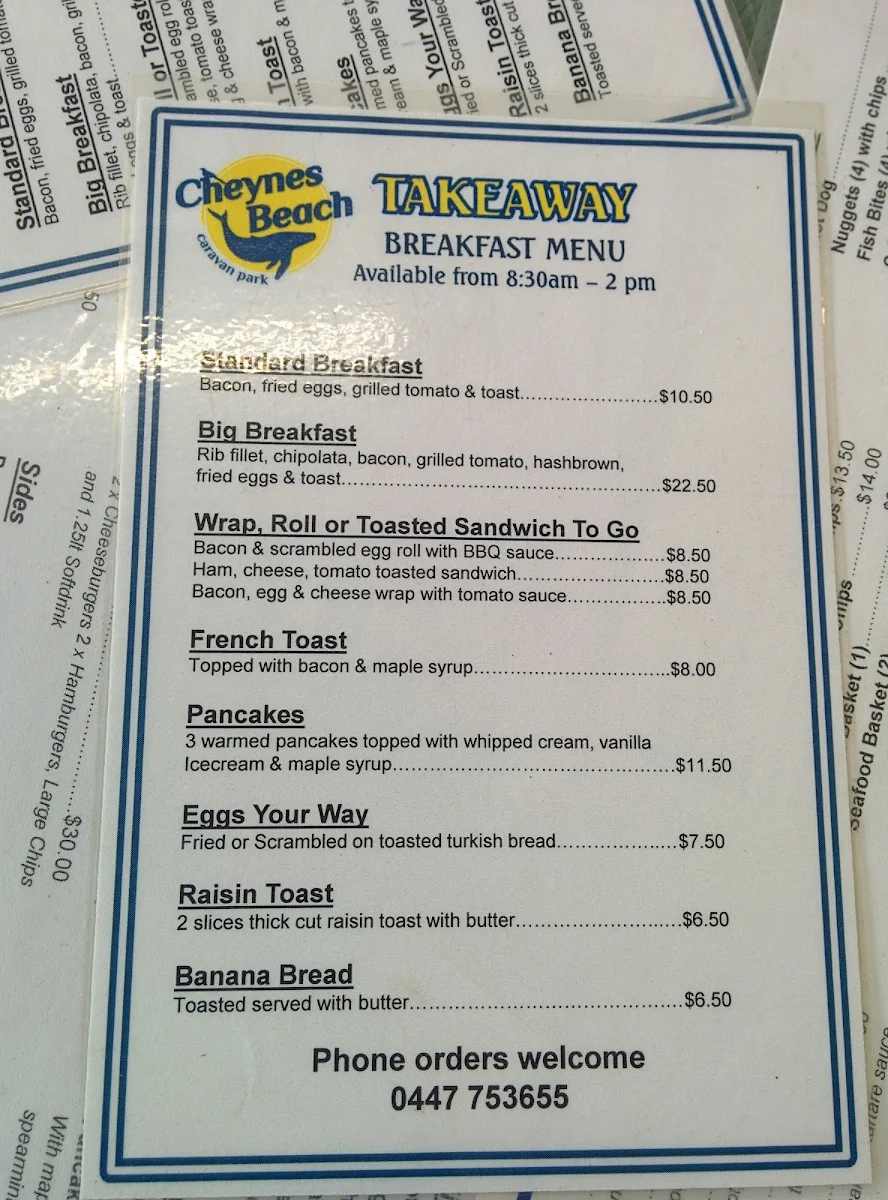 Menu, Cheynes Beach Takeaway