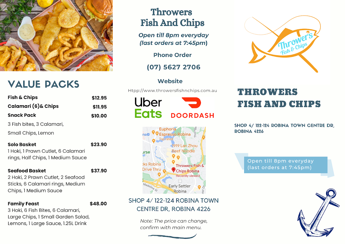 Menu, Throwers Fish & Chips Robina