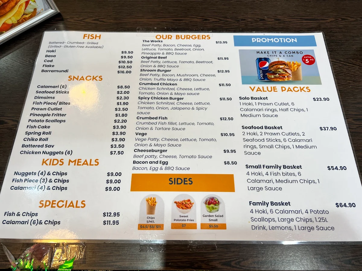 Menu, Throwers Fish & Chips Robina
