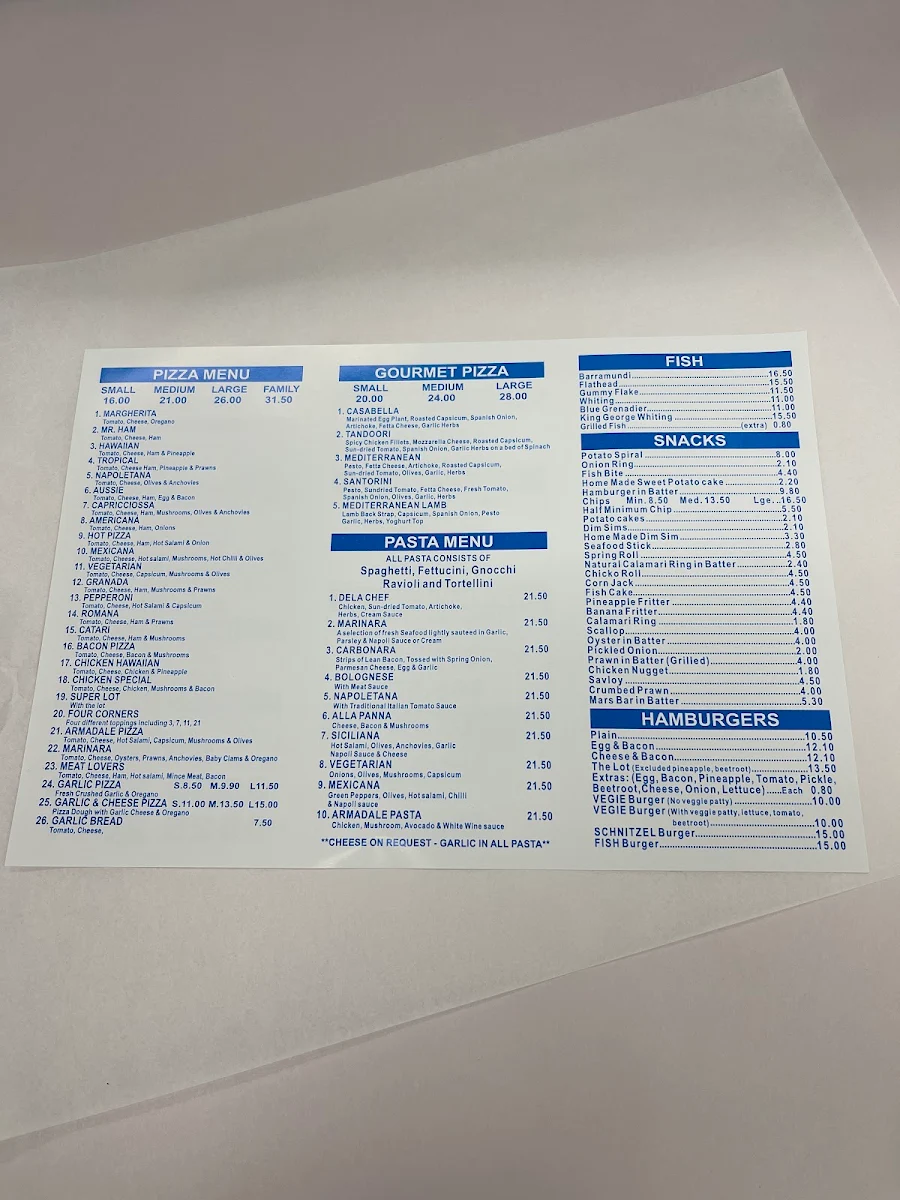 Menu, Armadale Pizza & Pasta & Fish & Chips