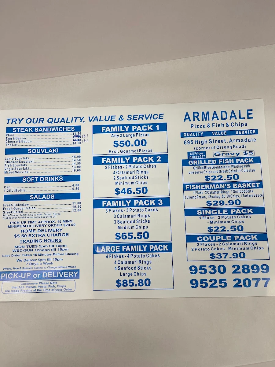 Menu, Armadale Pizza & Pasta & Fish & Chips