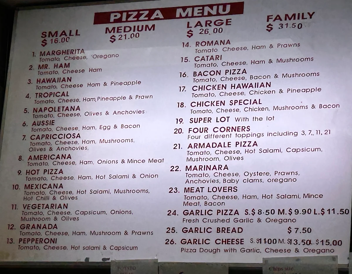 Menu, Armadale Pizza & Pasta & Fish & Chips