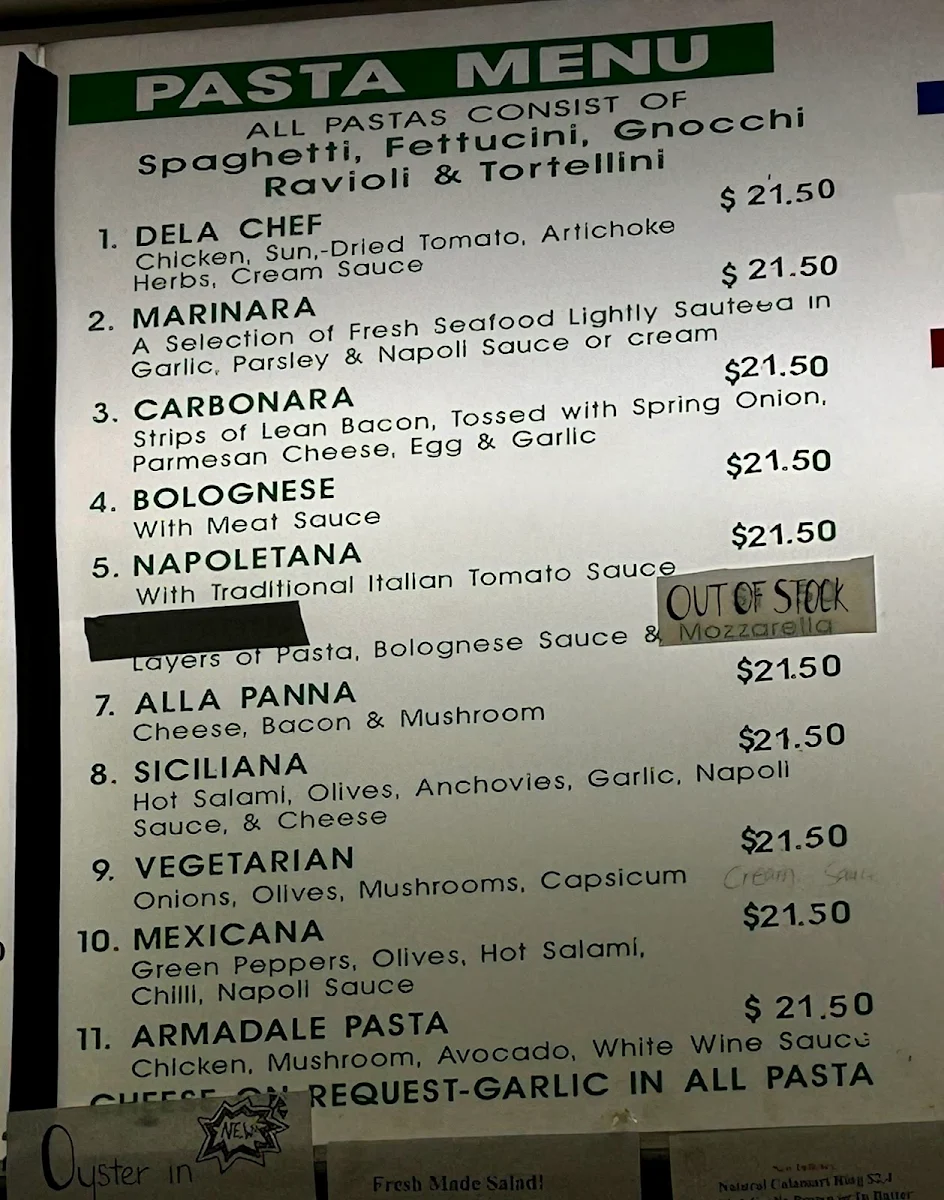 Menu, Armadale Pizza & Pasta & Fish & Chips