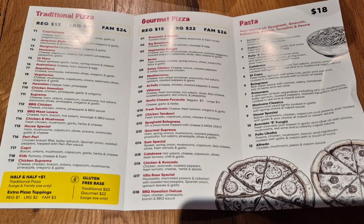 Menu, Villarosa Pizzeria