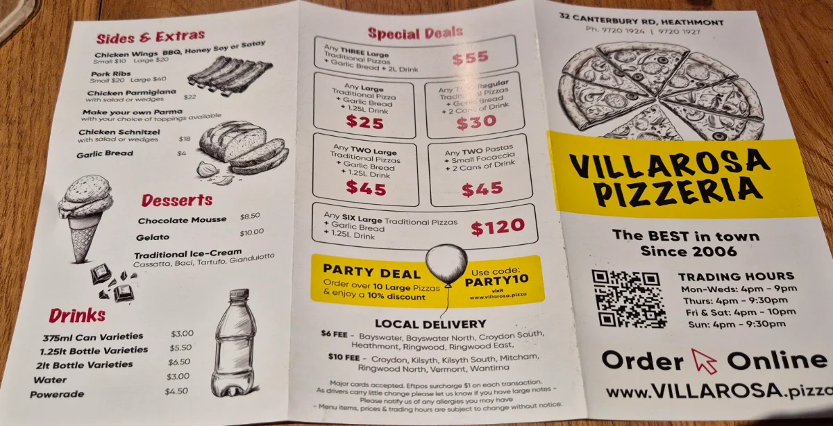 Menu, Villarosa Pizzeria