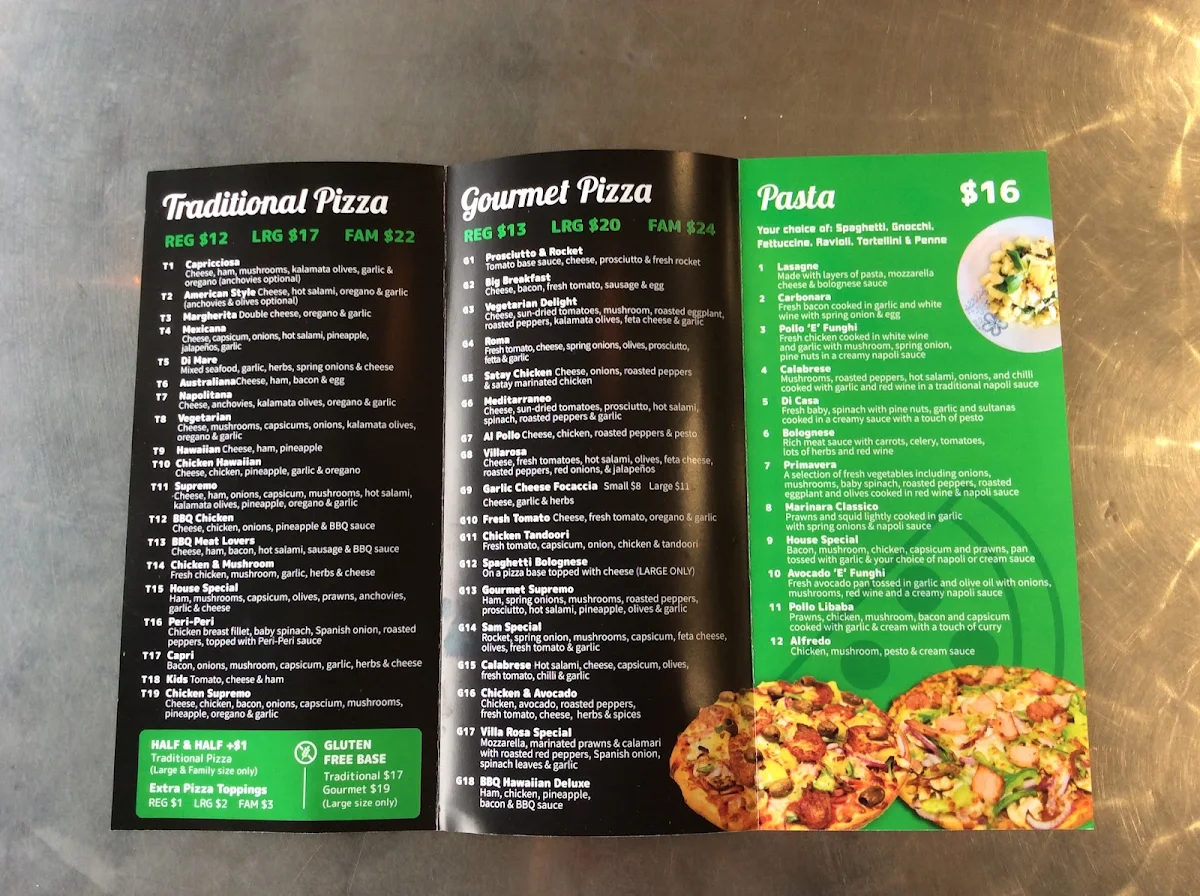 Menu, Villarosa Pizzeria