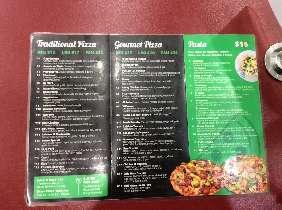Menu, Villarosa Pizzeria