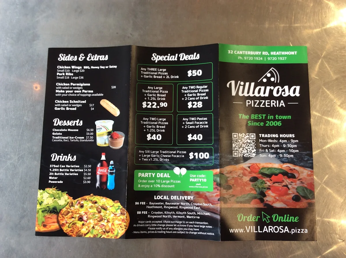 Menu, Villarosa Pizzeria