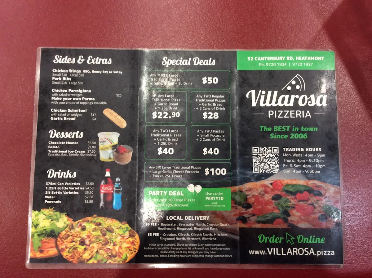 Menu, Villarosa Pizzeria