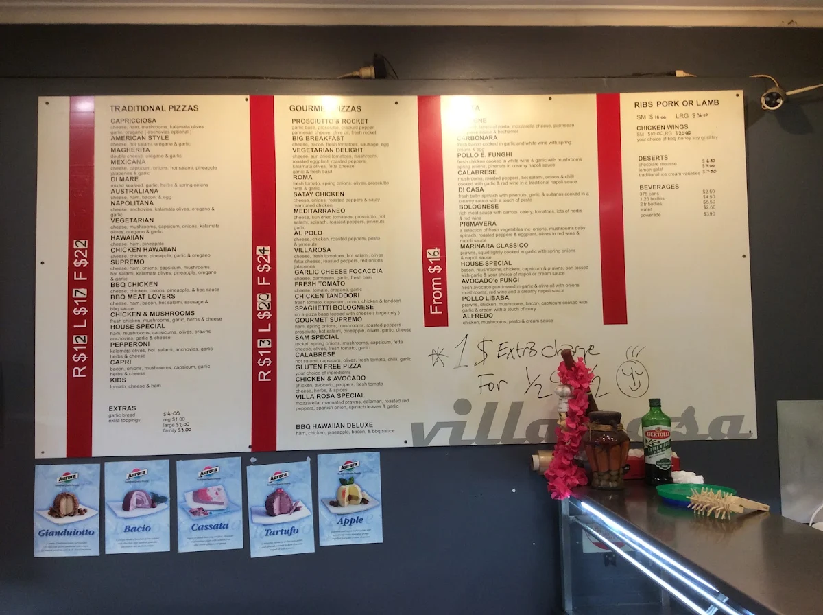 Menu, Villarosa Pizzeria