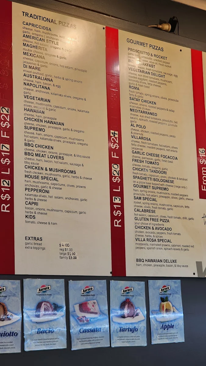 Menu, Villarosa Pizzeria