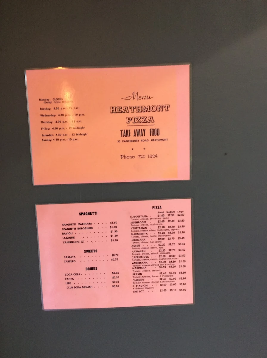 Menu, Villarosa Pizzeria