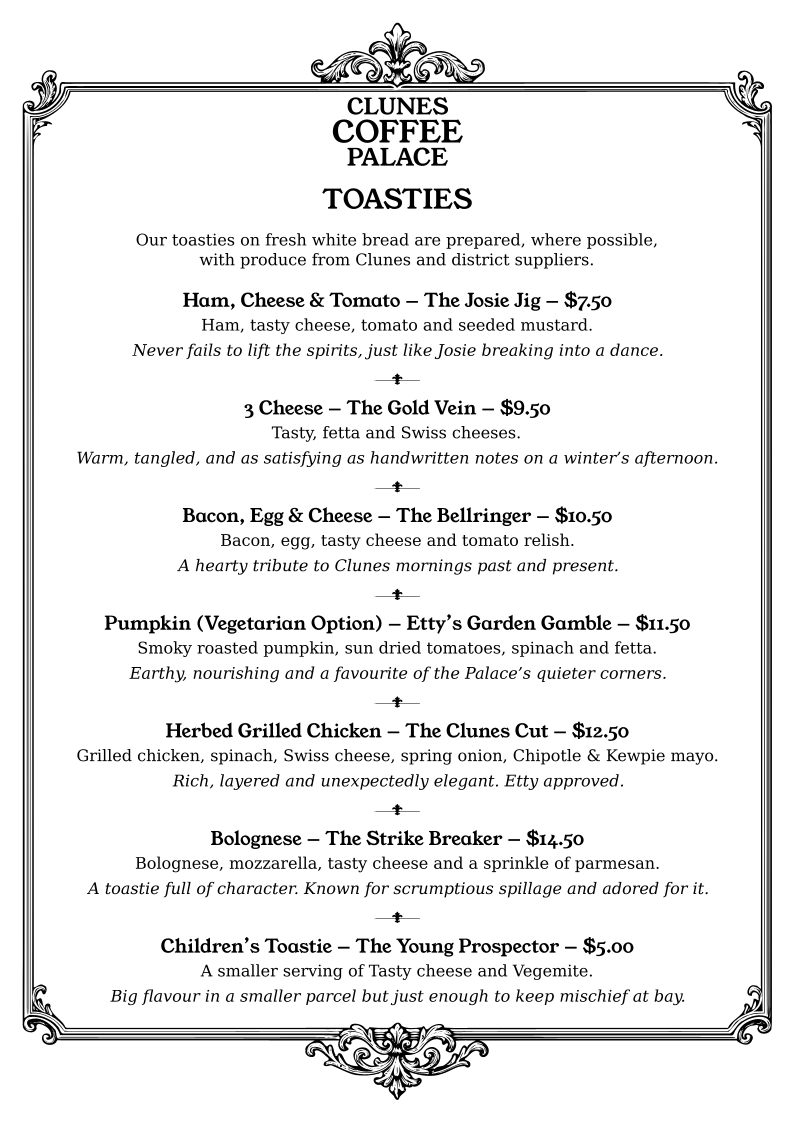 Menu, Clunes Coffee Palace
